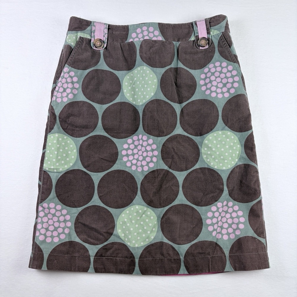 BODEN Sz 6R Corduroy A-Line Skirt Polka Dot AOP Pink Green Brown Teacher Twee